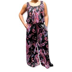 NEW ALYSSA THOMAS scoop neck tank jumpsuit in black/pink paisley